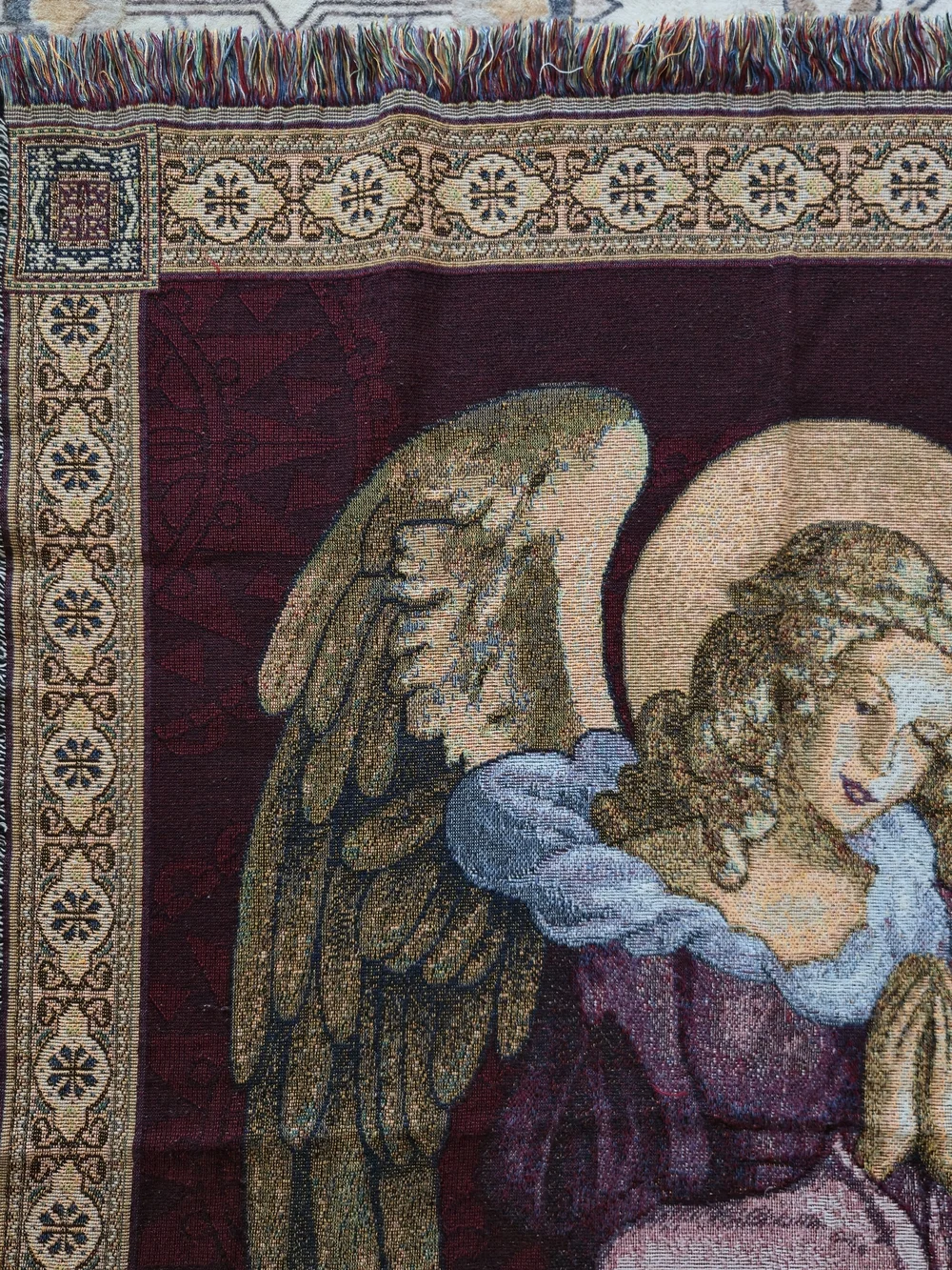 Vintage Praying Angel Tapestry Throw Blanket Wall Hanging Burgundy 45x60
